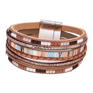 Brown Leather Multi Layer Shimmer Magnetic Bracelet